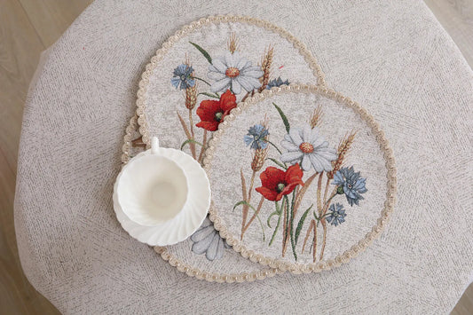 Set of 2, 4, 6, 8, round placemat sets with Rye and Poppies | Table placemats | Quality Textile